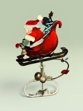 VTG Santa Sleigh hristmas Decor Metal Tabletop Holiday Display w/2 separate tree